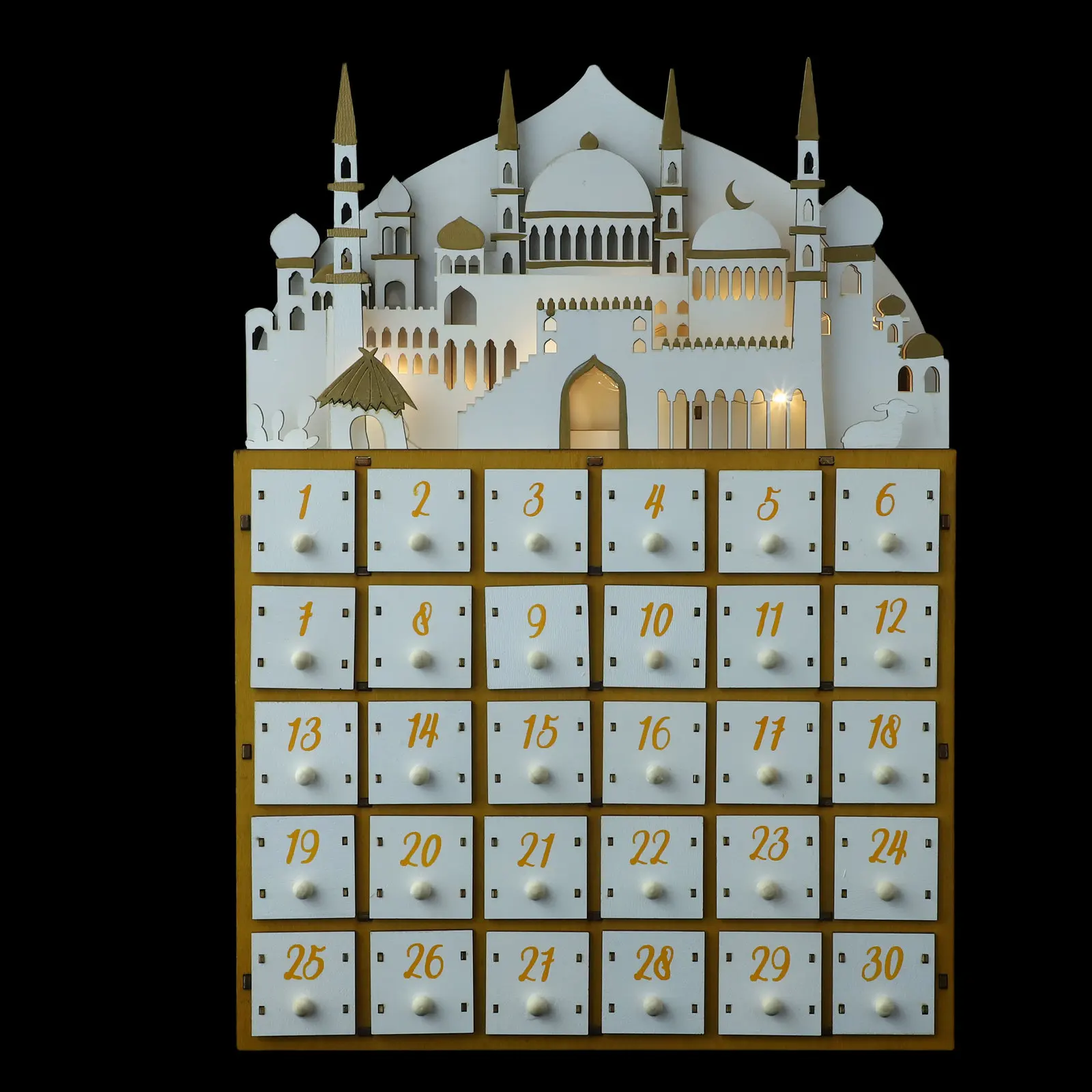 

Wooden Ramadan Advent Calendar LED Countdown Calendar 30 Drawers Desktop Organizer Muslim Party Supplies Eid Party Decorations