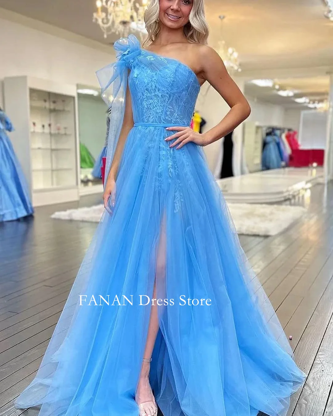 Colavis Asta Customized Sky Blue Prom Dress Wedding Evening Dresses Performance Tulle One-Shoulder Party Dress Evening Gowns