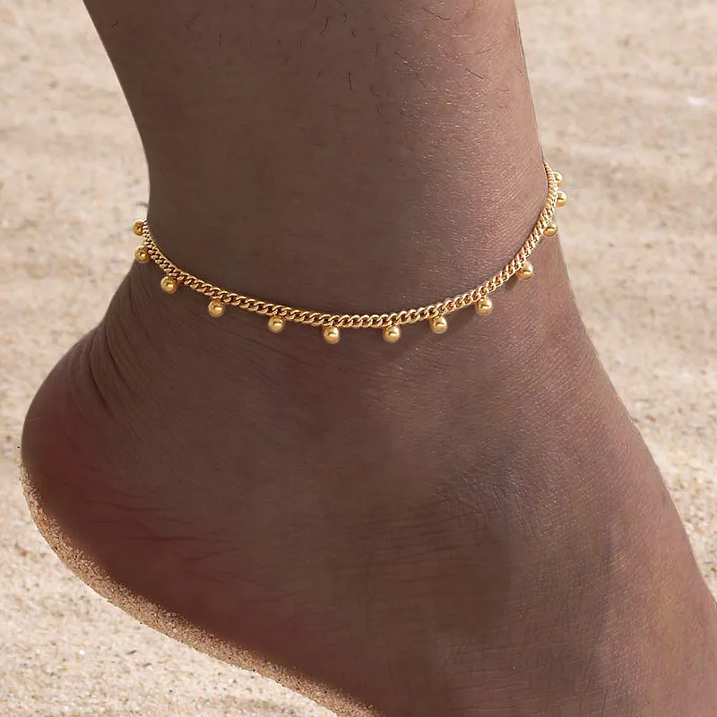 Anklet Bracelet on Leg s Stainless Steel ,waterproof Adjustable Beach Beaded Ball Cuban Link Summer Boho Foot Jewelry for Women