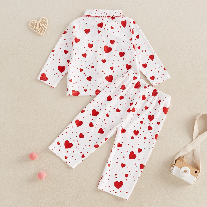 Kids Girls Valentine Day Pajamas Set Cute Heart/Letter Print Long Sleeve Button Shirt and Elastic Pants for Loungewear Sleepwear