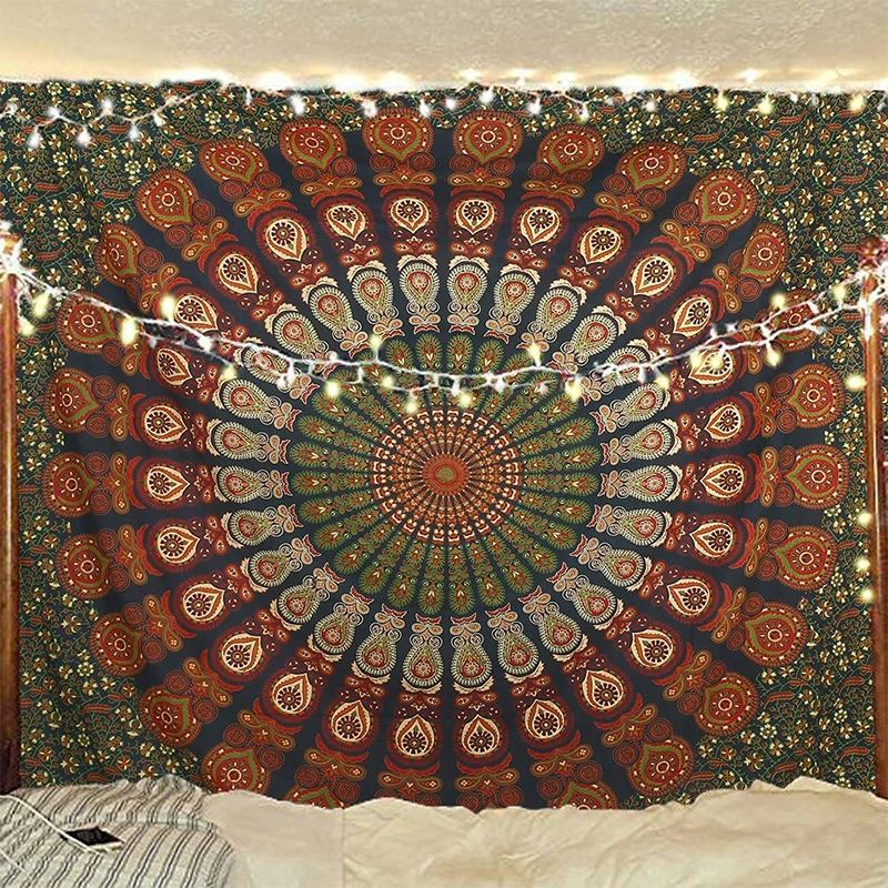 Indian Hippie Bohemian psychedelic Golden Blue Peacock Mandala wall hanging Fine Art Home Decor Tapestry