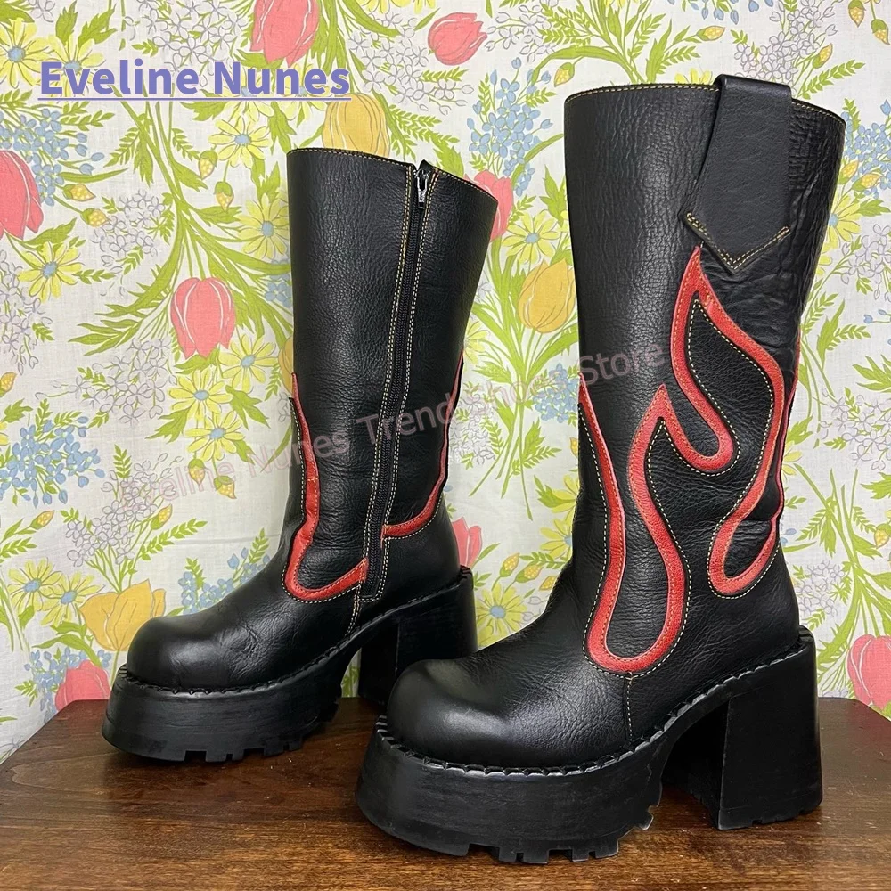 Women's Gothic Flame Embroidery Platform Boots Chunky Heel Mid Calf Boots Punk Streetwear Style Thick Bottom Shoes 2026 Trend
