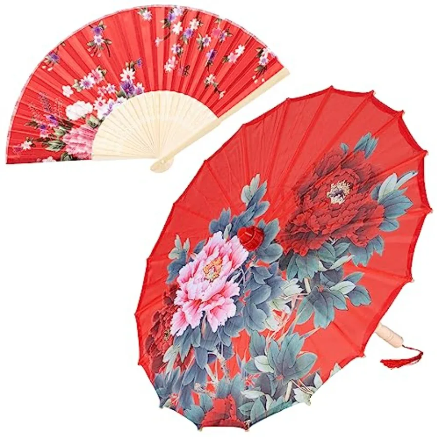 

Elibelle Hand made Japanese oriental parasol dancing umbrella 22 inch with hand held silk folding fans for kids