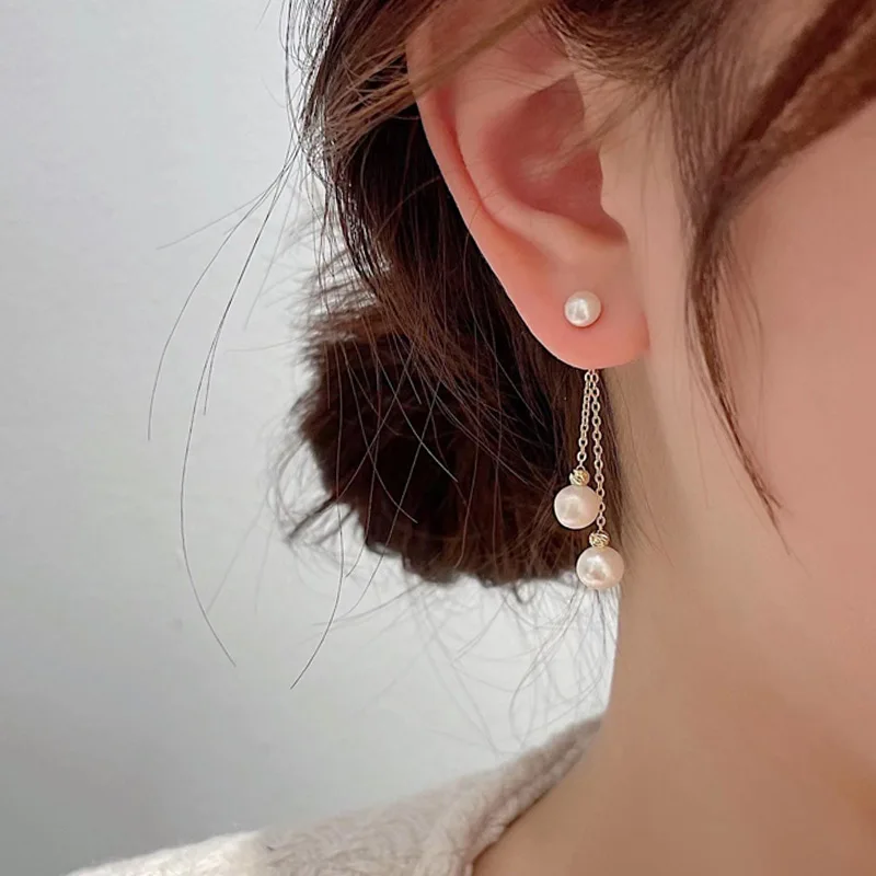 2 in 1 Pearl Tassel Earrings for Women Short Long Hanging Earrings Imitation Pearl Pendants Temperamental Dangle Earrings