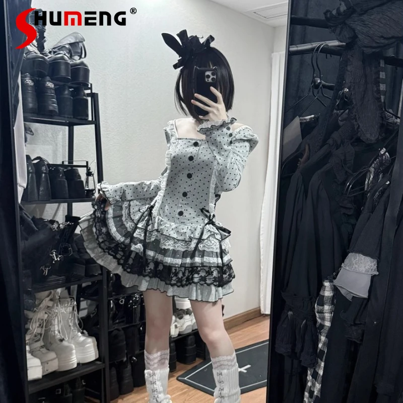 

Original Japanese Subculture Polka Dot Print Long Sleeve Dress Spring Autumn New Girls Women's Slim Fit Punk Style Cake Dresses