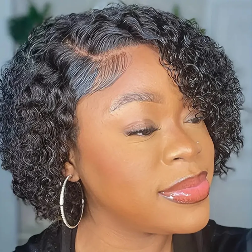 13x4x1 T Part Pixie Cut Lace Front Wig for Women Natural Black Curly Wave 180% Density Brazilian Remy Human Hair Wig
