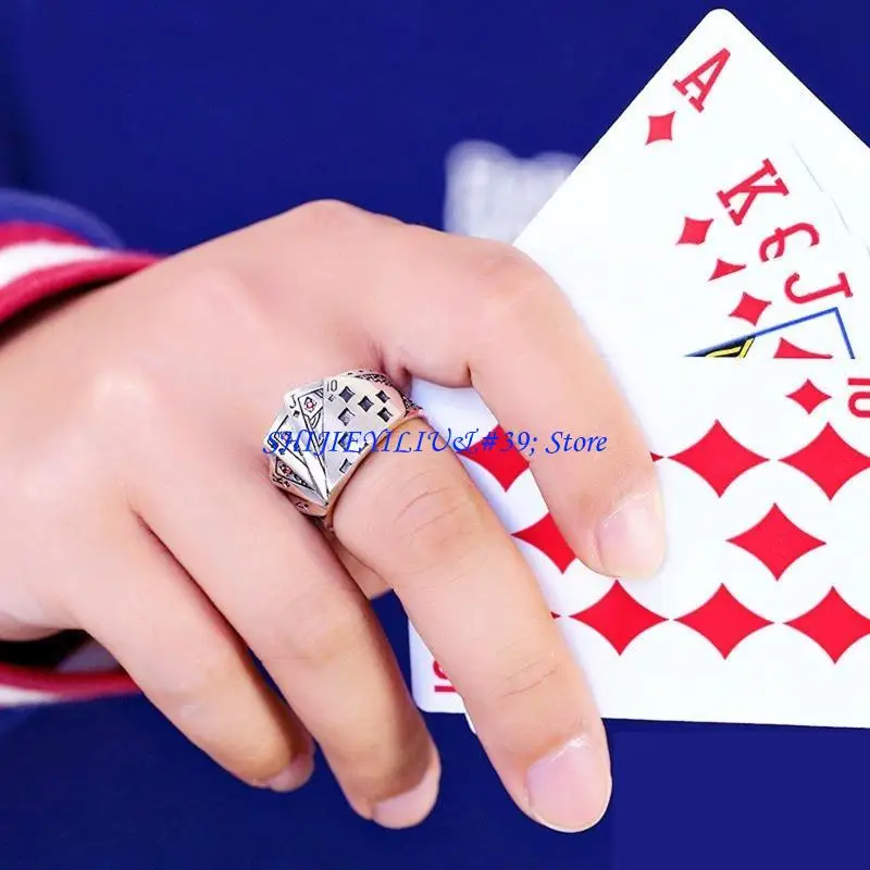 E21F Hip Hop Fashion Exaggerated Cool Opening Ring Playing Card Crystal Rings for Men Women Vintage Party Punk Jewelry
