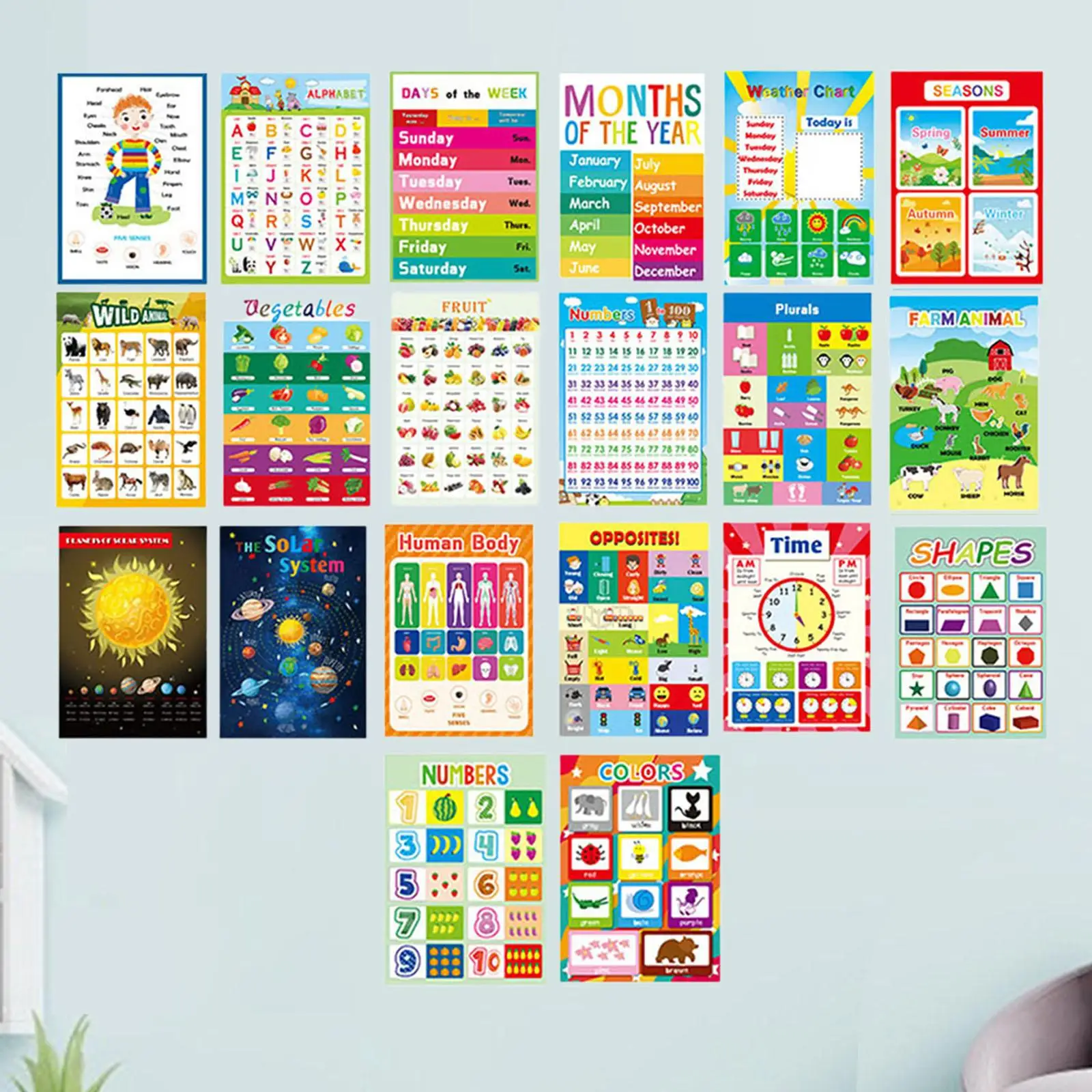 

20x Educational Posters Days Learning Chart for Kindergarten Home Preschool