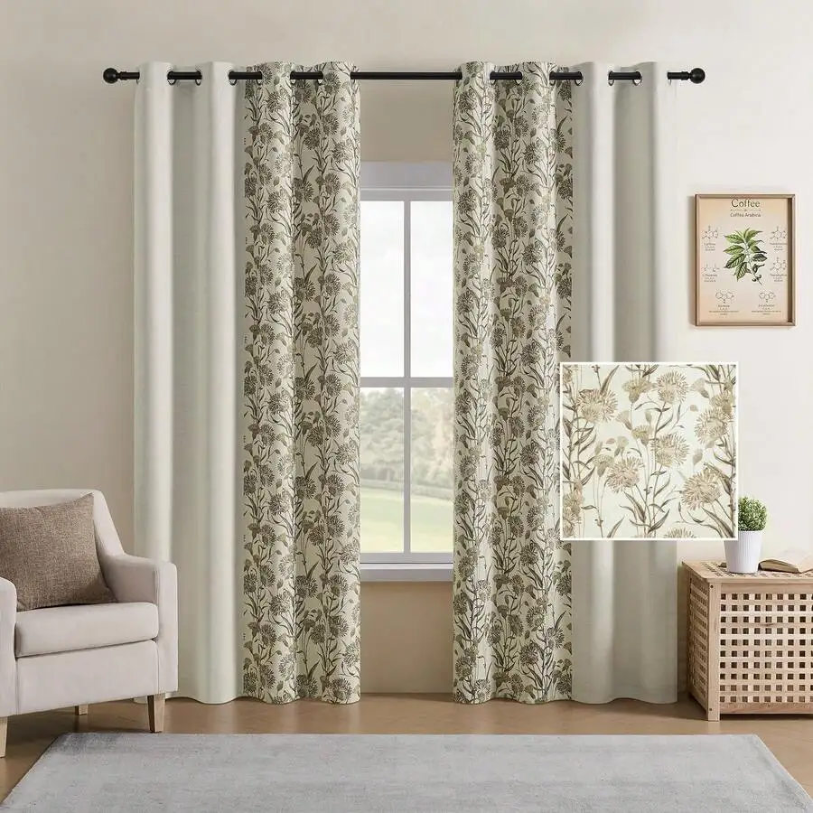 Floral Curtains Vintage Farmhouse Style Thermal Insulated Bedroom Living Room Beige 2 Panels W52xL84