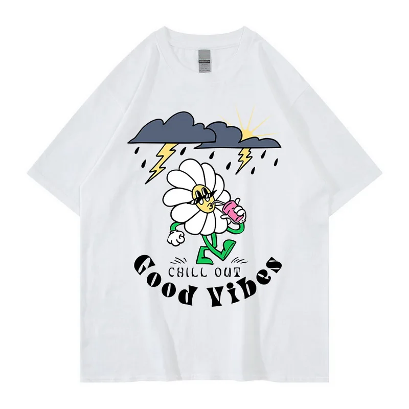 2022 Streetwear Tshirt Hip Hop GOOD VIBES CHILL OUT Print T-shirt Men Harajuku Cotton Loose Summer Short Sleeve Tops Tees