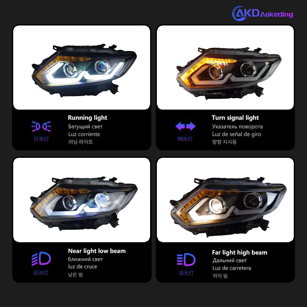 أضواء السيارة لنيسان X-Trail LED المصباح 2014-2016 XTrail رئيس مصباح Drl ديناميكية إشارة العارض عدسة اكسسوارات السيارات #4