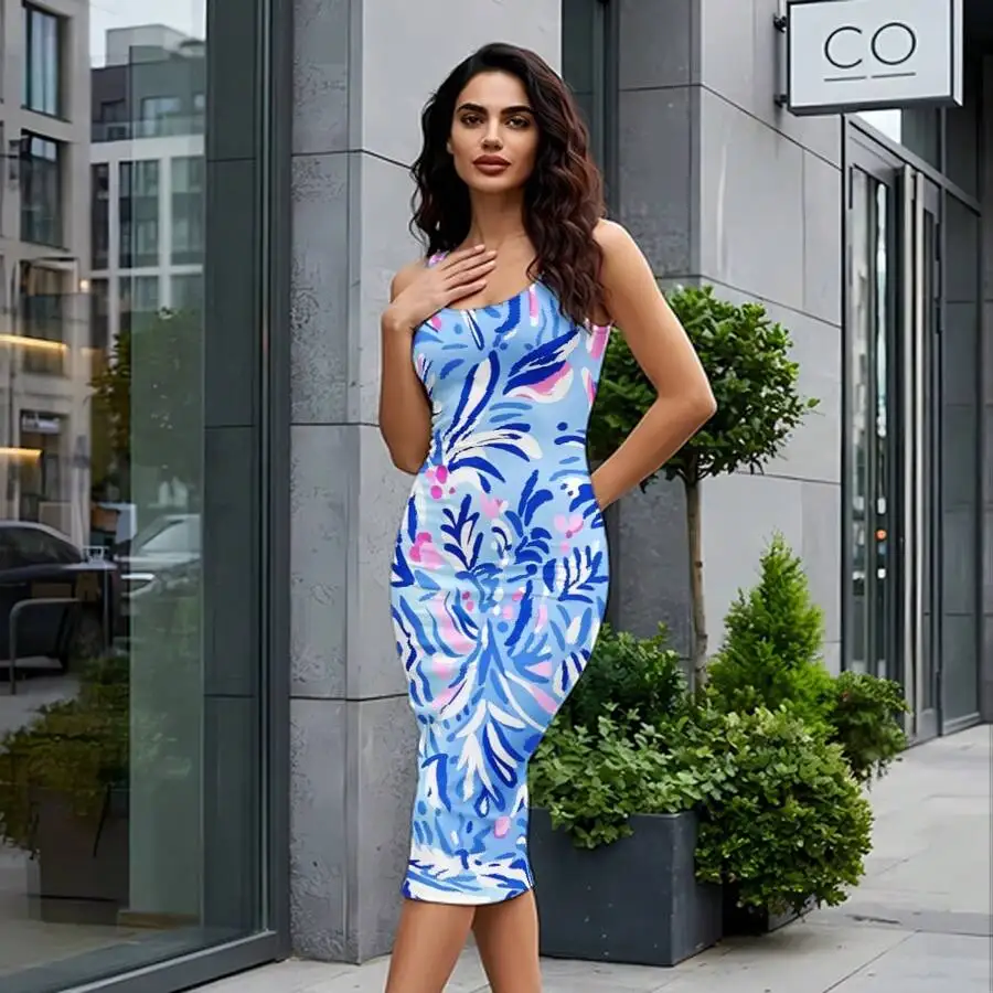 

Floral Print Women Sleeveless Bodycon Knee Length Dress Summer Beach Vacation Resort Wear