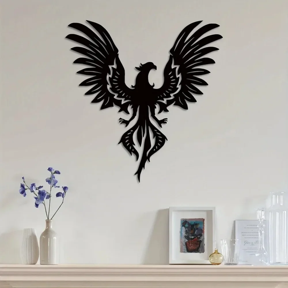 1pc Black Iron Metal Phoenix Wall Decoration - Modern Hanging Art for Stylish Kitchen and Versatile Home Spaces
