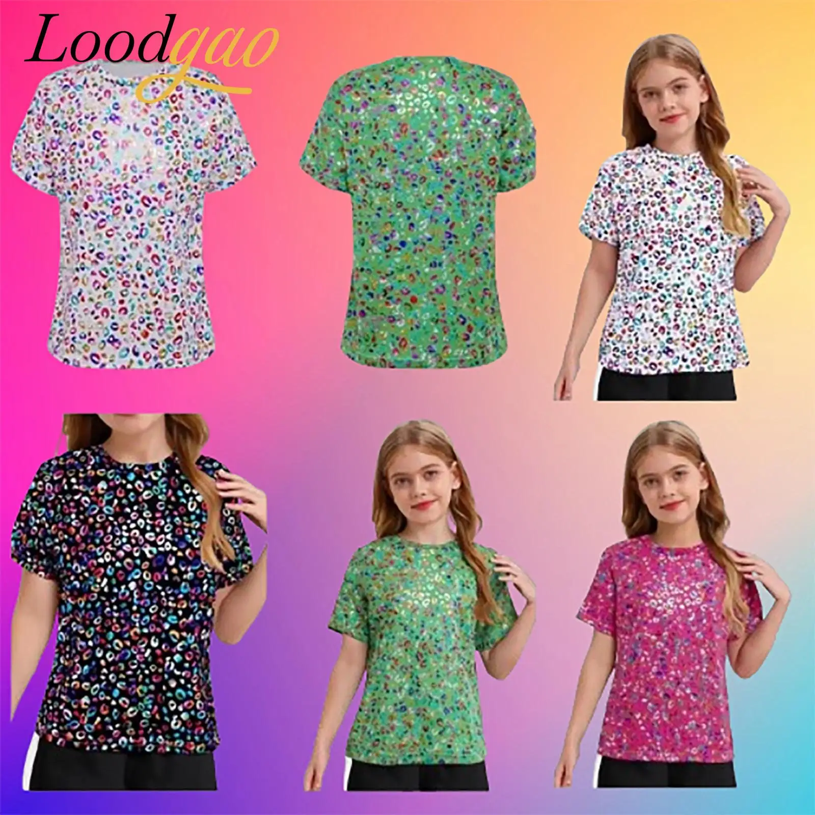 

Children Fashion Girls T-shirts Dance Party Outfits Stage Performance Costume Metallic Leopard Print Short Sleeve Top T-shirt