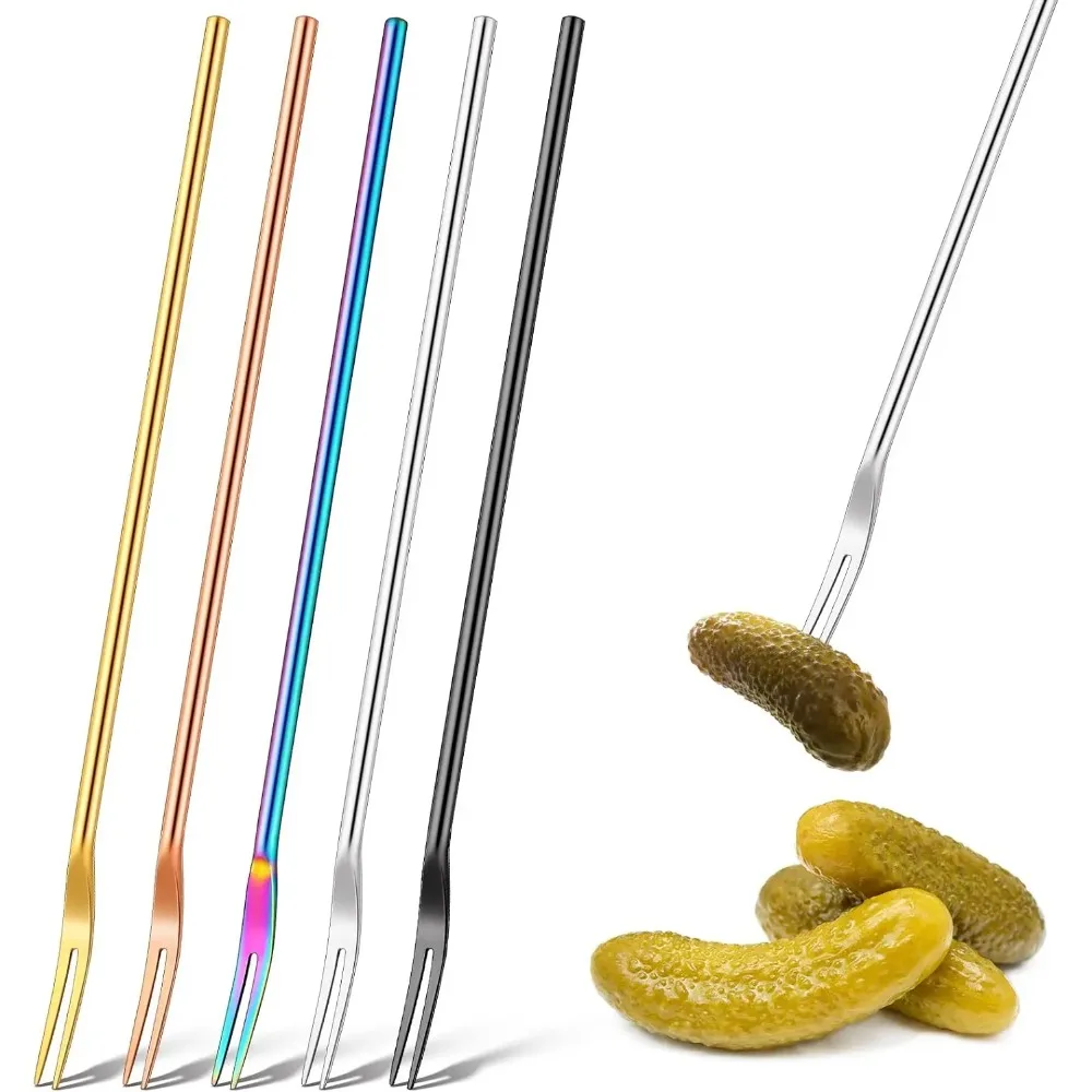 

5-Piece 8.7" Pickle Forks – 304 Stainless Steel Long Handle Olive & Fruit Forks, 2-Prong Pickle Picker for Jar Cocktail, Dessert