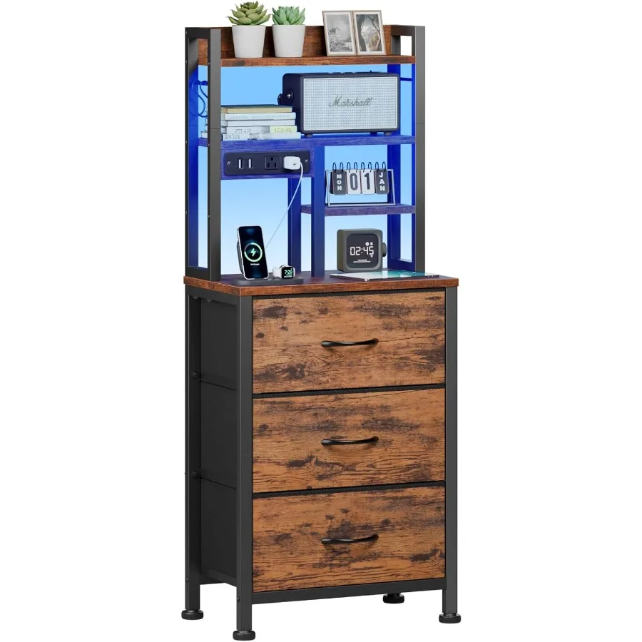 

Tall Night Stand with LED and USB Ports 45.3inch Nightstand with Open Bookshelf Bedside Table with 3 Fabric Drawers for Bedroom