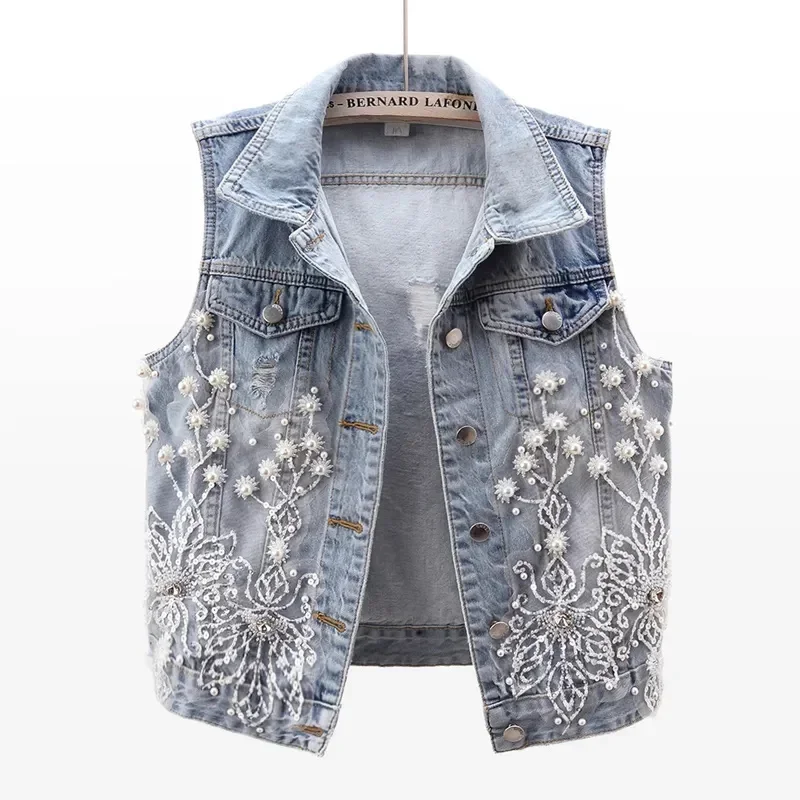 

Pop Women Denim Vest 2025 Spring Autumn Fashion Pearls Ripped Jeans Jacket Sleeveless Short Coat Loose Causal Waistcoats Outwear