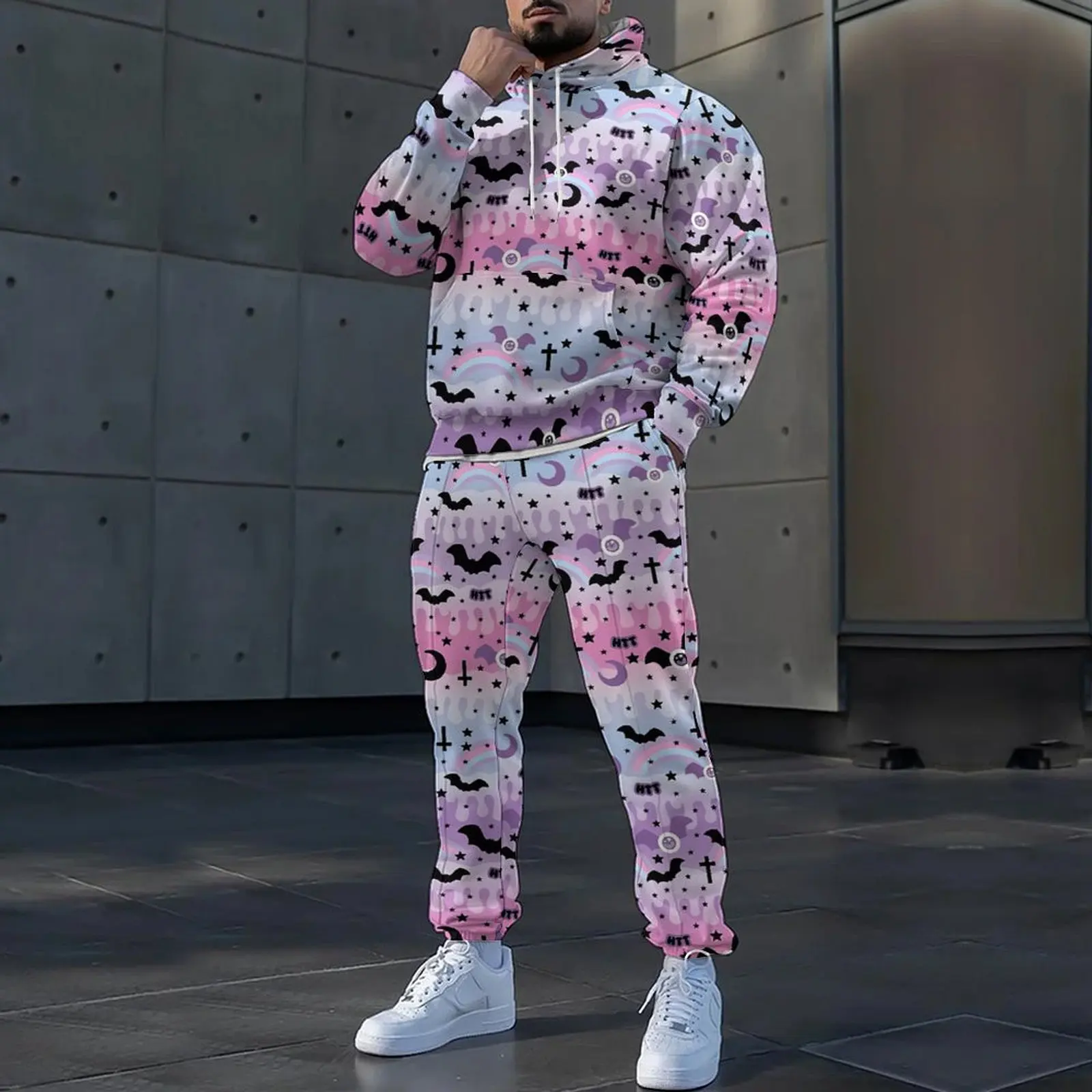 Europe And The United States Men's Autumn And Winter Digital Printing Street Hooded Trend Of Large Size Loose Long-Sleeved Suit