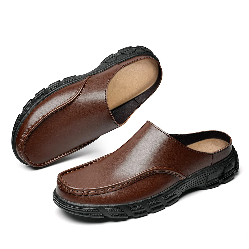 Sandales d'été en cuir véritable pour hommes, chaussures formelles d'affaires, mules de créateurs pour hommes, pantoufles décontractées d'extérieur, chaussures de travail confortables pour le bureau