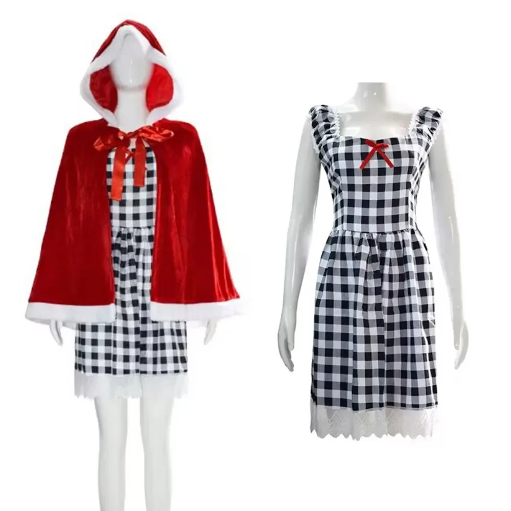 

Cindy Lou Who Cosplay Costume Red Cloak Plaid Dress for Women Kids Christmas New Year Christmas Disguise Party Role Play Suit