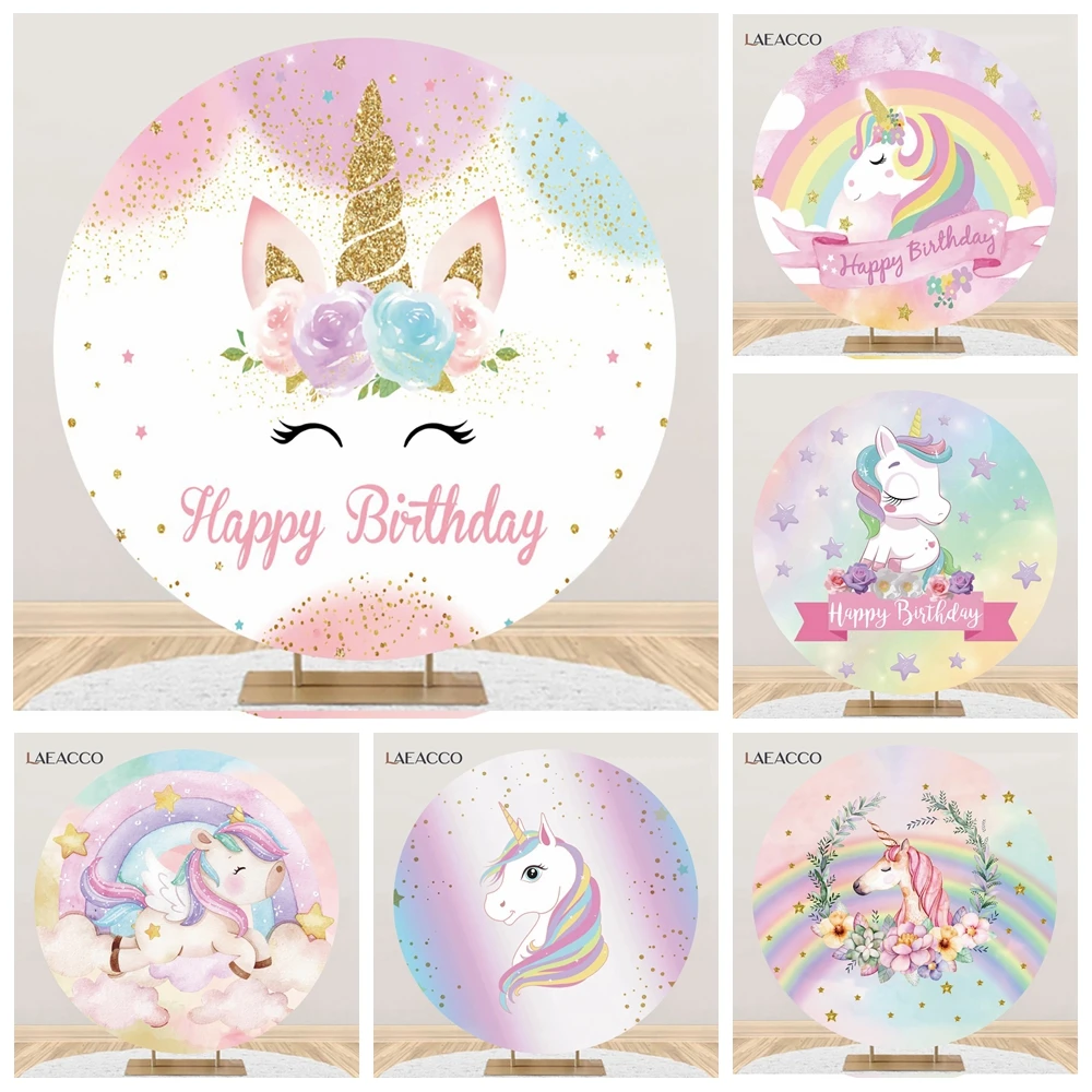 Laeacco Cartoon Unicorn Round Backdrops Rainbow Flowers Baby Shower Birthday Party Decor Photographic Prop Circle Backgrounds