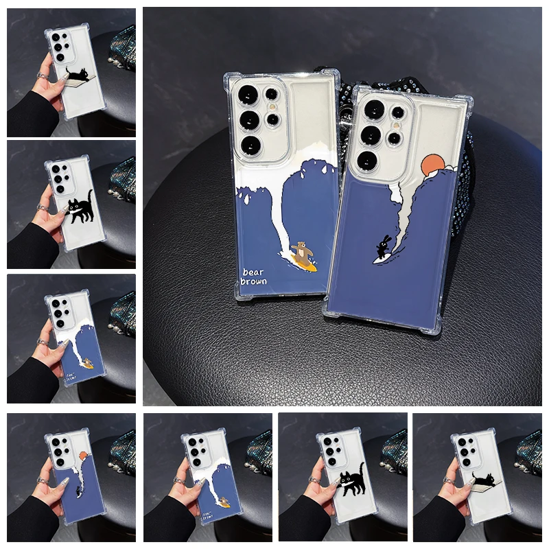Surfing Black Rabbit Phone Case for Samsung A21s A24 A25 A26 A31 A33 A34 A35 A50 A51 A52 A53 A54 A73 A30 Transparent Soft Covers