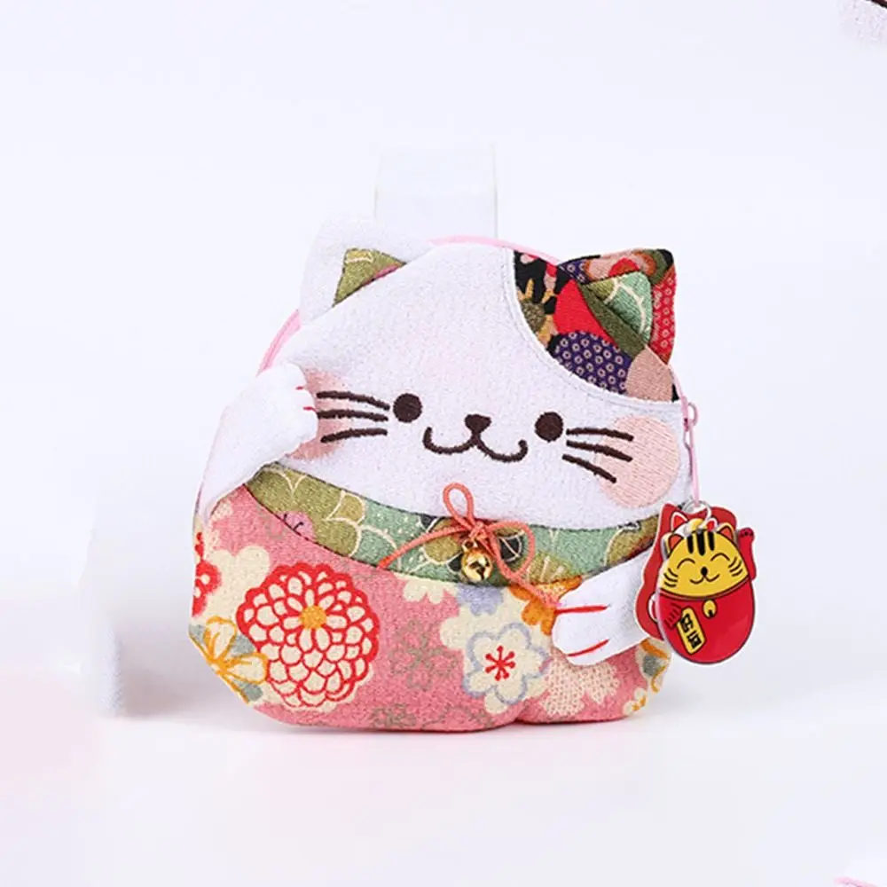 Simple Japanese Style Maneki Neko Coin Purse Zipper Flower Printing Lucky Cat Clutch Bag Storage Bag Wallets Card Holder Travel