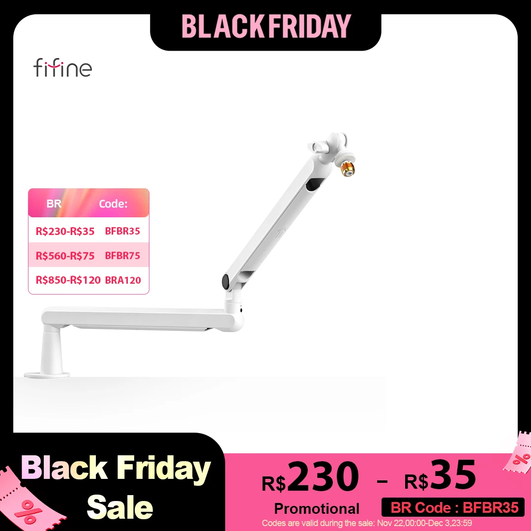 FIFINE Microphone Boom Arm, Adjustable Low Profile Mic Arm with Desk Mount Clamp,Cable Storage for Streaming Gaming-White BM88W