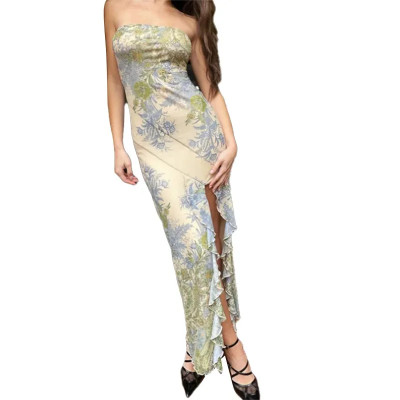 

2025 New Summer Vintage Sexy Elegant Temperament Mesh Dress Fashion Women's Y2K Retro Printed Slim One Collar Strapless Dresses