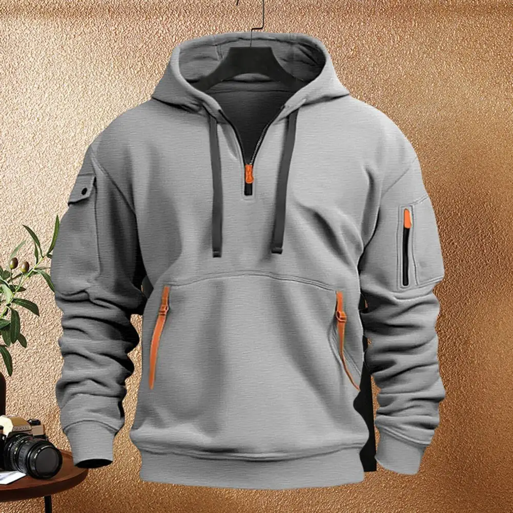 Men Hoodie Stylish Men's Half Zipper Hoodie with Drawstring Pockets Elastic Cuffs for Sport Fitness Travel School Fitness Men