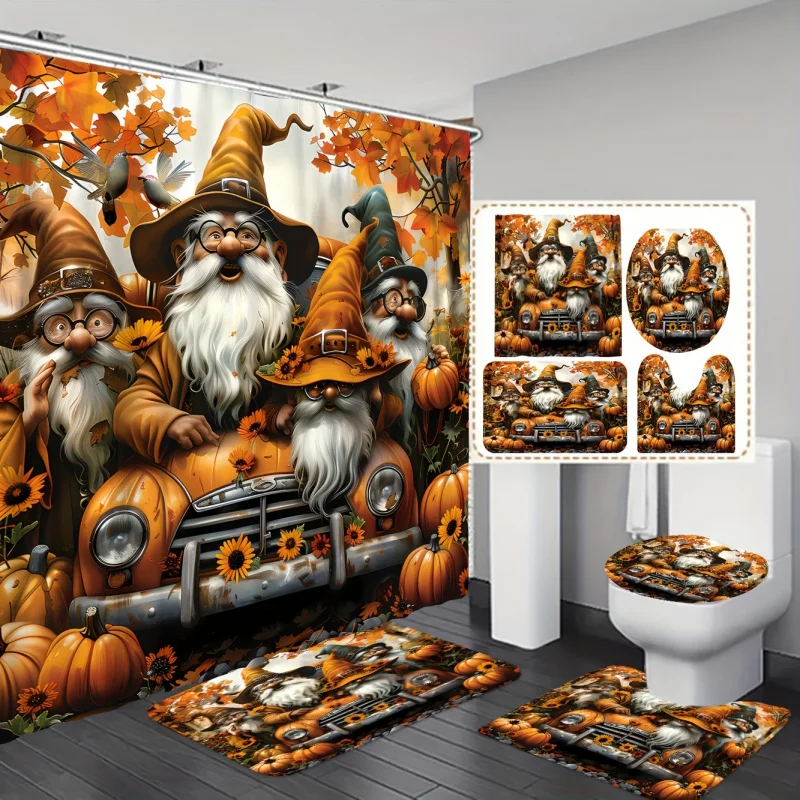ハロウィーンシリーズのカボチャの皮のピックアップトラック、4つのノーム、老人、秋のカエデの葉の装飾、シャワーカーテン、バスルームセット