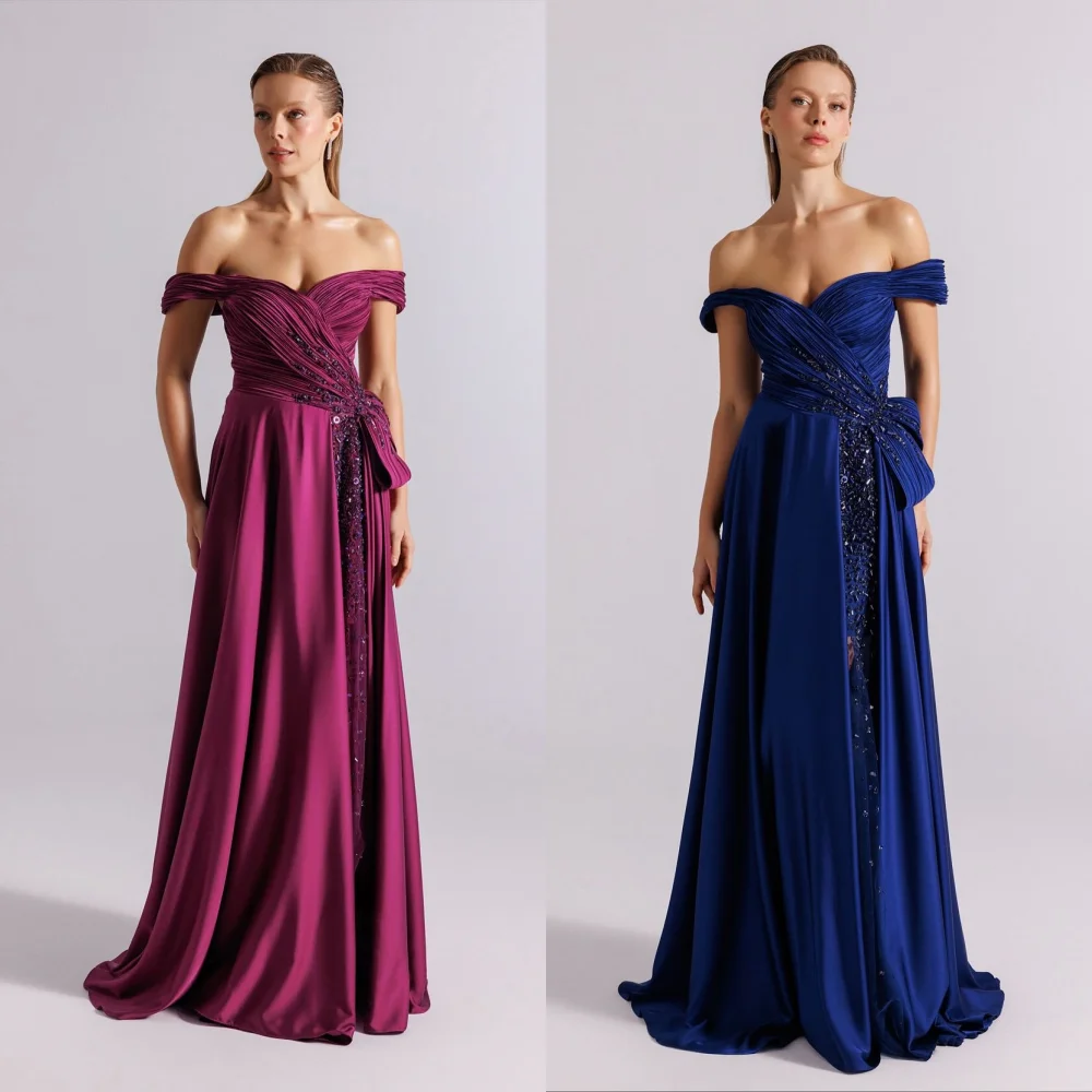 

Customized Charmeuse Pleat Sparkle Off-the-shoulder A-line Bespoke Occasion Long Dress Women Evening Elegant Party High Quality