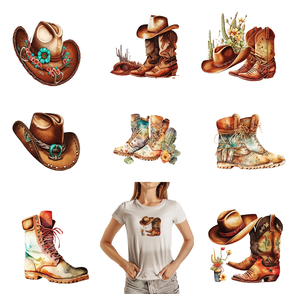 Western Cowboy Boots And Hats Iron on Patch Dtf Transfers Ready to Press Iron on Patches for Clothes Shirts Transfer DIY Apparel