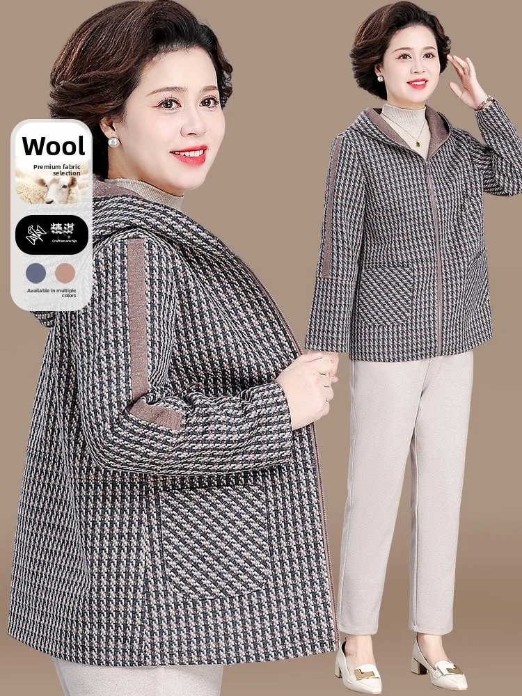 

Casual Hooded Woolen Coat for Middle-Aged And ly Women Spring Autumn Faion Lady's Long Coat Zipper Closure Plaid Pattern
