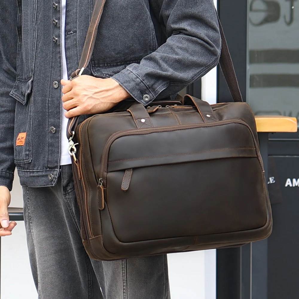 Men Briefcaase Bag Genuine Leather handbag for Man Male Work Tote Bag for Business Bag 17" Mens leather Shoulder Bag Laptop Bag