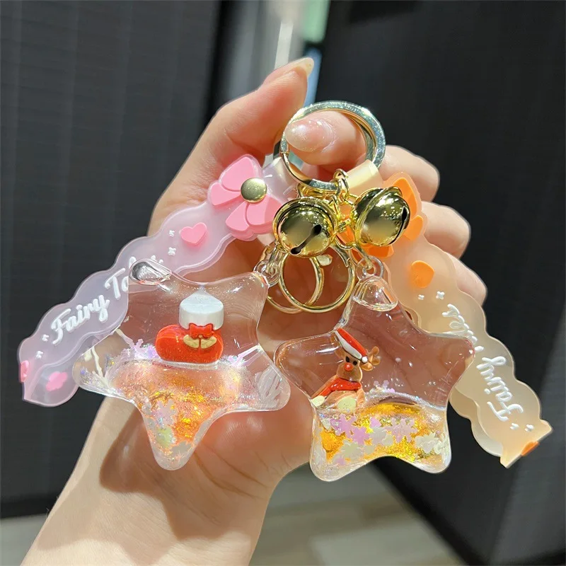 Acrylic Oil-Filled Five-Pointed Star Santa Claus Sand-Filled Bottle Keychain Cute Snowman & Reindeer Floating Figurine Ornaments