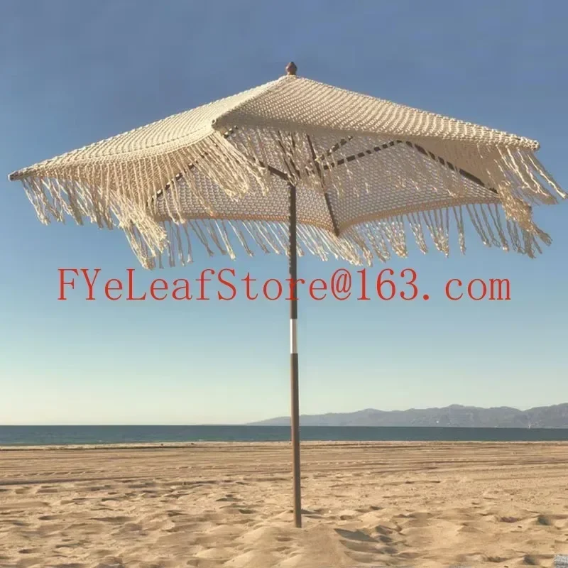 Wholesale Luxury Hand Woven Rope Sun Parasol Boho Wooden Pole Crochet Cotton Tassel Patio Beach Umbrella With Fringes