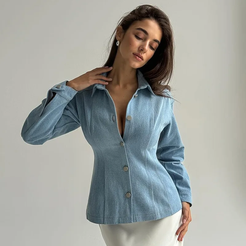 Women's clothing 2025 spring new style temperament lapel slim fit waist cinched long sleeved denim jacket shirt