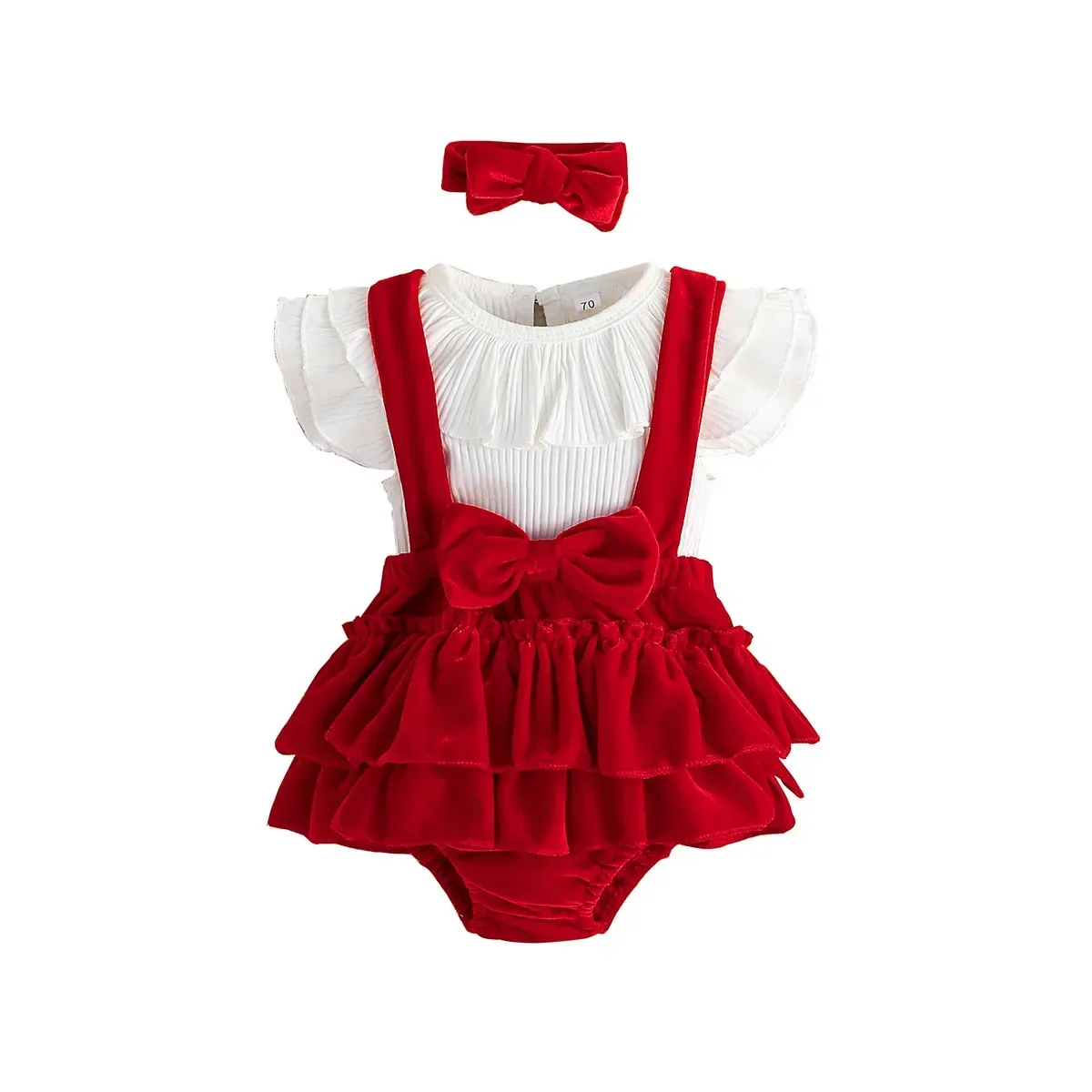 New Flying Sleeves Sweetheart Set for 0-2 Year Old Babies: One Piece, Strap Pant Skirt, and Headband Three Piece Set