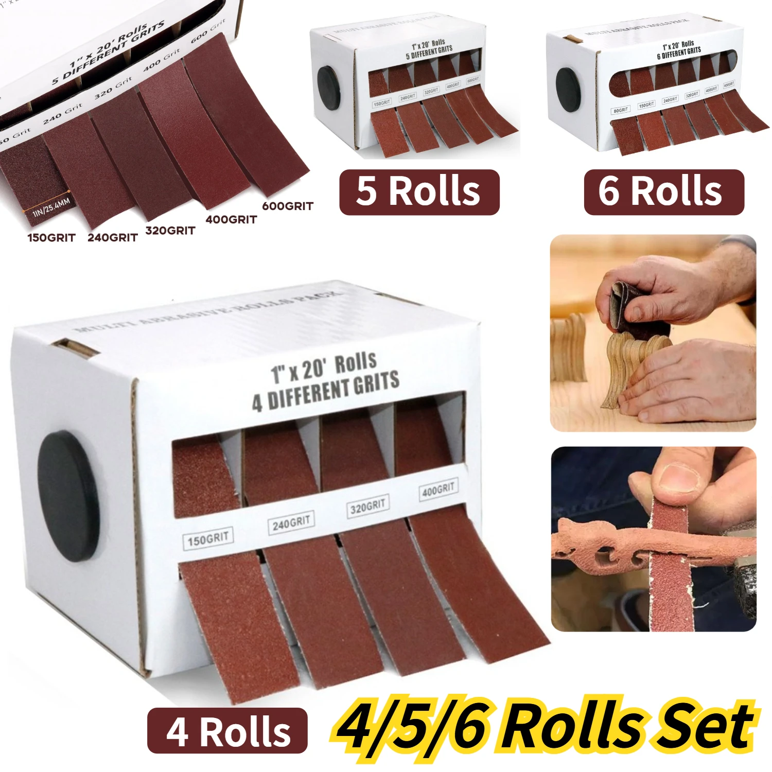 4-5-6-rolls-sand-paper-set-with-dispenser-80-150-240-320-400-600-grit-6m-length-wet-sanding-metal-automotive-furniture-wood