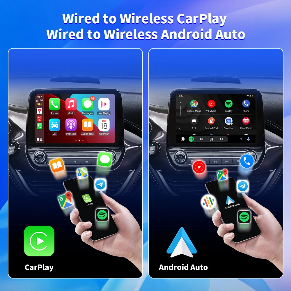 EC04-B سلكي إلى CarPlay اللاسلكي وAndroid محول لاسلكي تلقائي سبوتيفي لتويوتا مازدا نيسان كامري أودي فورد كيا هيونداي