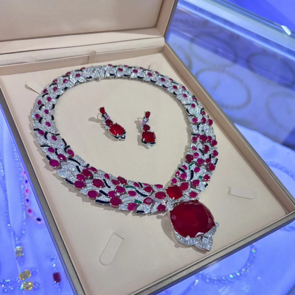 Designer Gorgeous Style Earrings Necklace Inlay Cubic Zircon Synthetic Ruby Black Enamel Party Jewelry Sets view 4