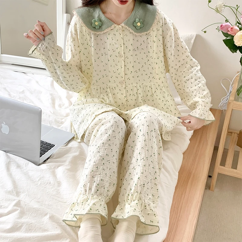 100% Cotton Double Gauze Maternity Nursing Sleepwear Sets Summer Sweet Breastfeeding Pajamas Night Wear Pregnancy Home Hospital