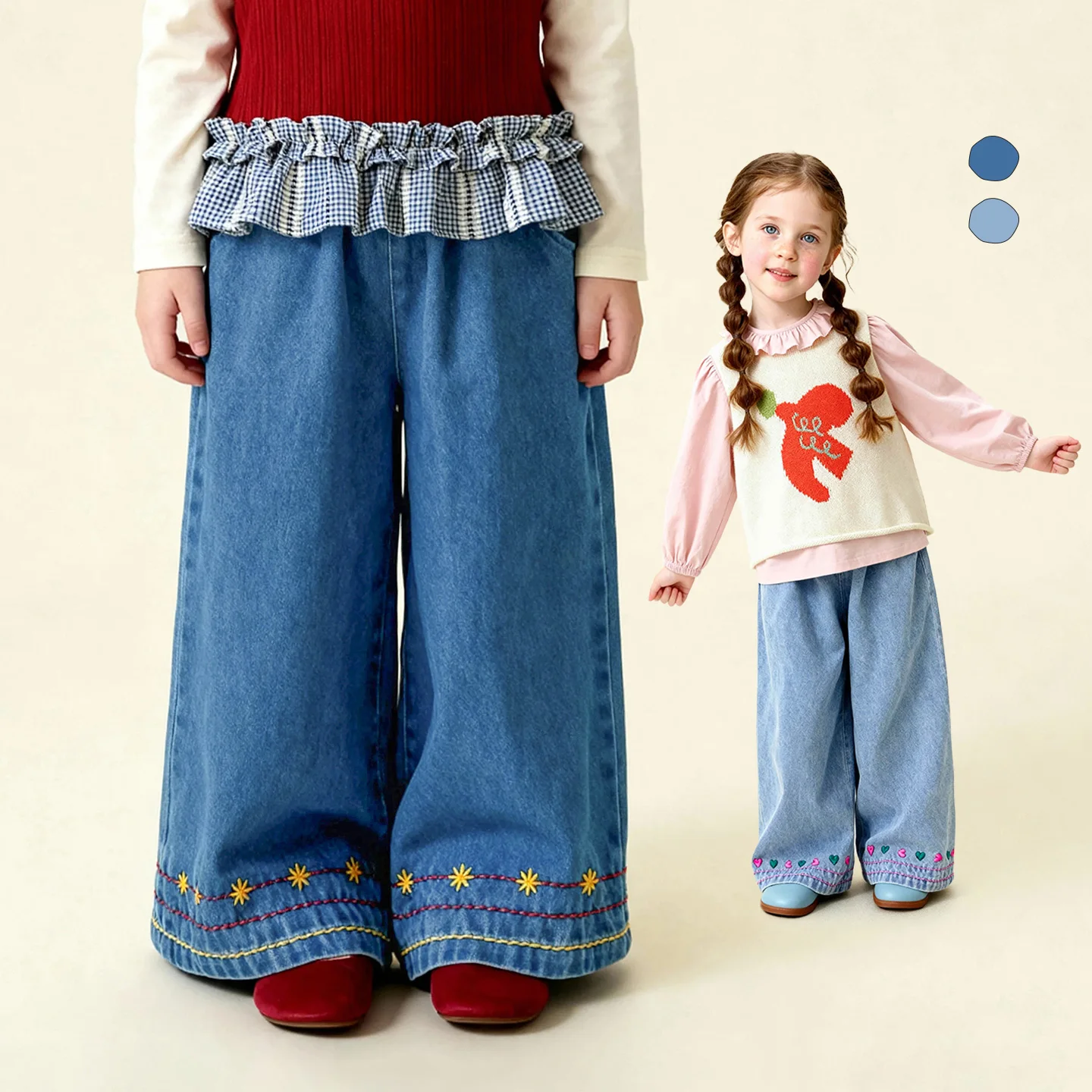 Amila 2026 Spring Children's Jeans Loose Wide Leg Embroidered Stripe Design Casual Daily Fashion Children's Underwear