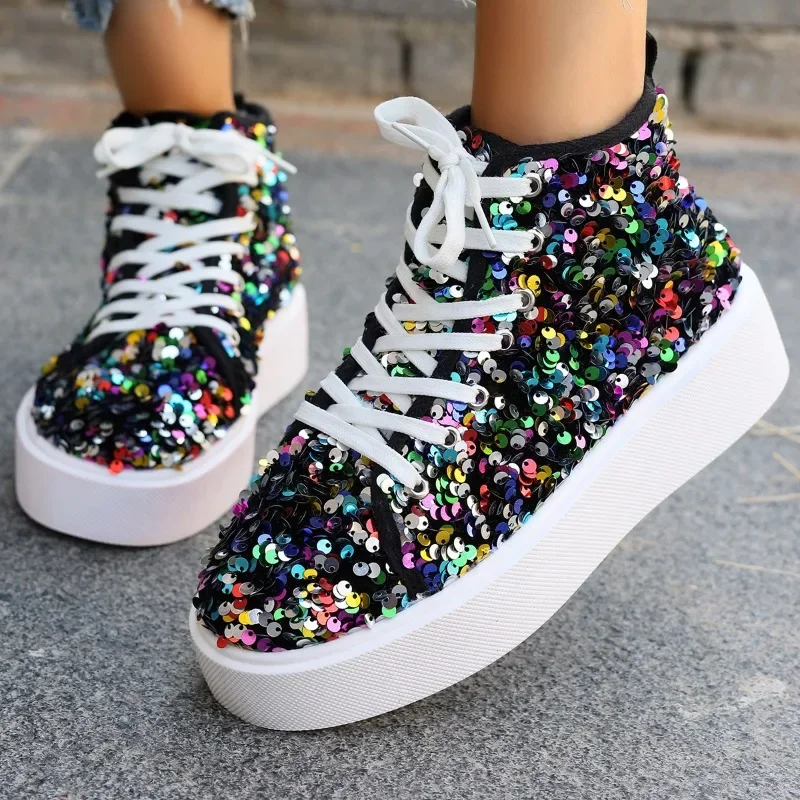 2024 Damskie proste sznurowane wysokie buty Casual Shiny Fine Glitter Flat Shoes Casual Shoes Sneakers Summer Flat Shoes Zapatos