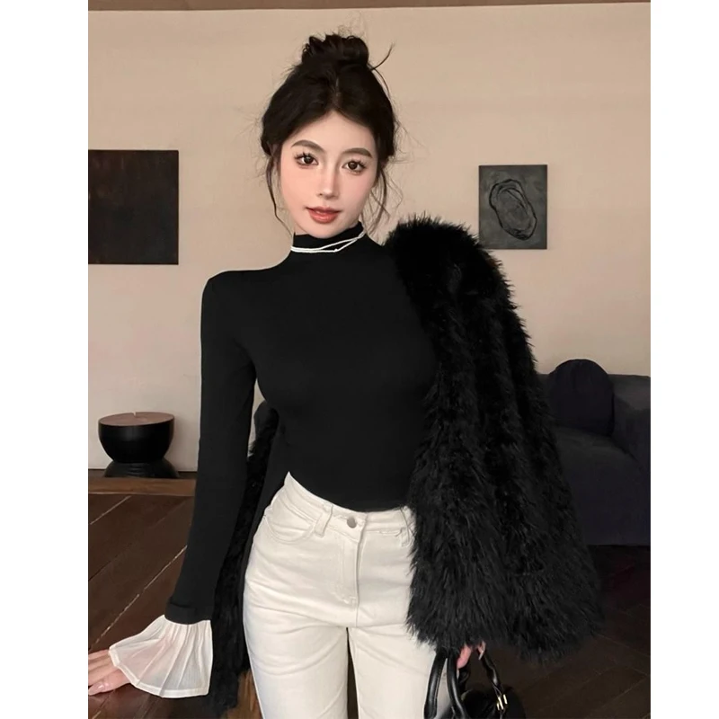 Temperament Slim Solid Color T Shirts Spring Autumn New Long Sleeve V Neck Simplicity Elegant Tops Fashion Korean Women Clothing