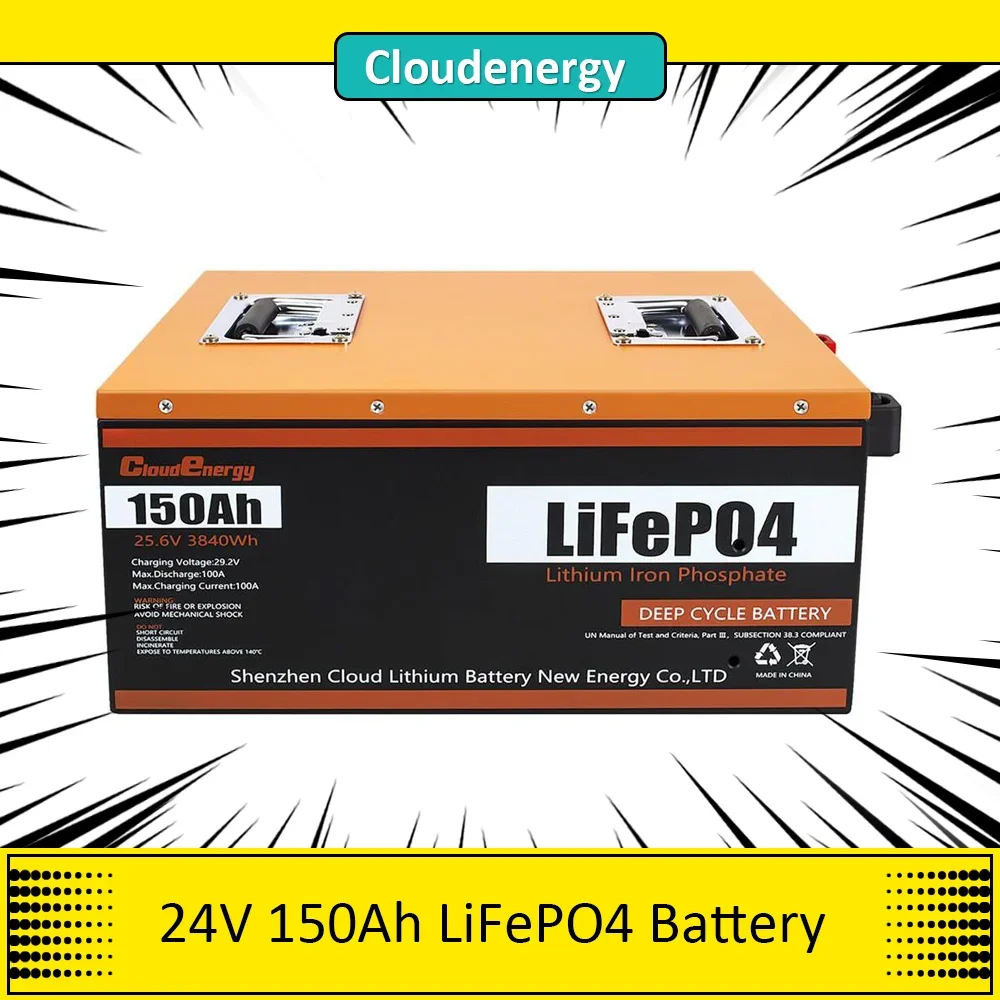 Cloudenergy 24V 150Ah LiFePO4 Battery Pack Backup Power, 3840Wh Energy, 6000+ Cycles, Built-in 100A BMS Perfect Support Series