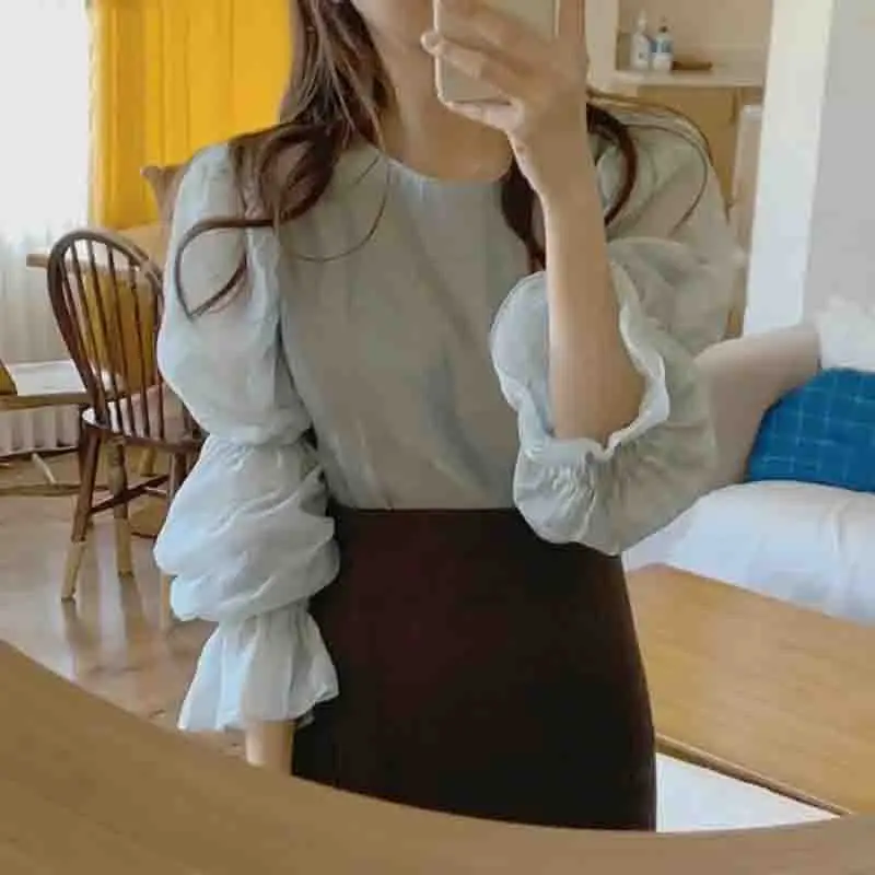 2024 Chic Puff Long Sleeve Blouse Spring Square Collar Women Shirt Fashion Vintage Tops Loose Belt O-Neck Clothes Femme 13549