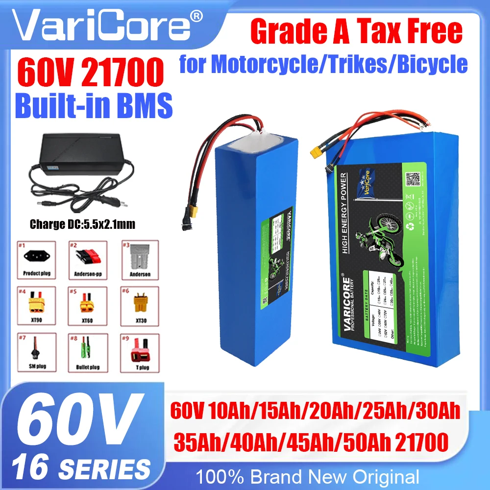 

60V 40Ah 30Ah 20Ah 15Ah 25Ah 35Ah 45Ah 21700 Li-ion Battery Pack 16s Built-in BMS 3000W for E-tools Boat+67.2V Charger Duty-free