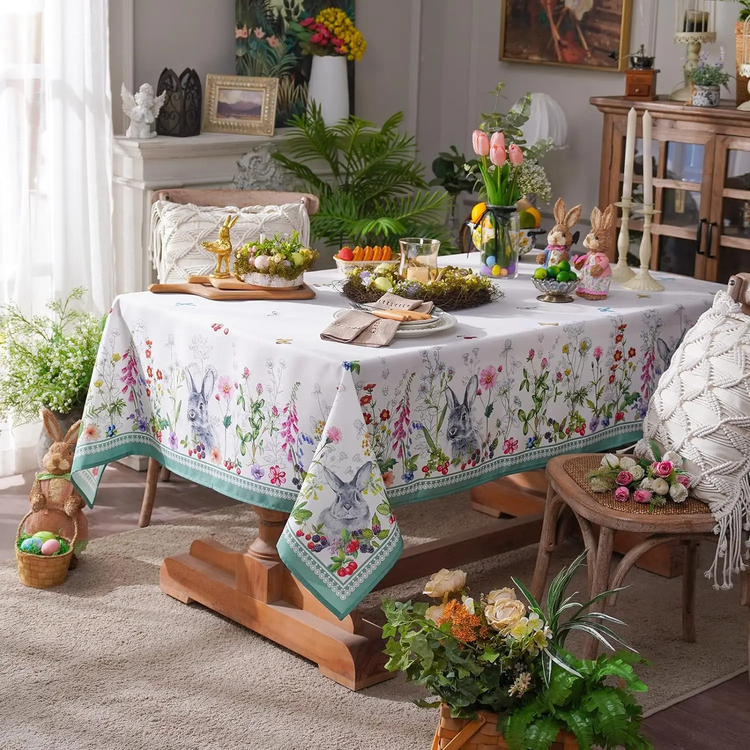 Easter Tablecloth Rabbit Flowers Spring Waterproof Table Cover Farmhouse Holiday Party Outdoor Picnic Home Dining Table Decor